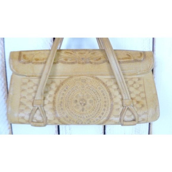 Vintage tan tooled embossed leather boho purse handbag - Picture 2 of 4